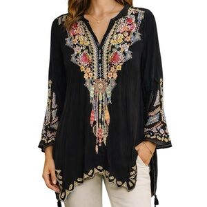 Johnny Was C23318-D Black Cupra Embroidered Tunic Top Medallion Boho Luxe Rare